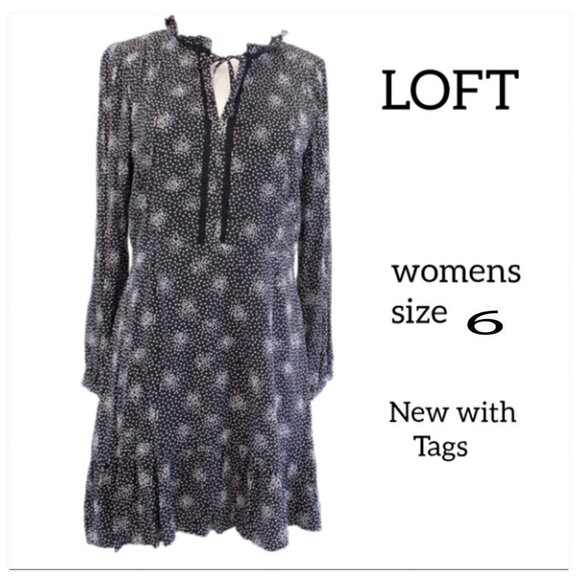 Loft Women's Black & White Rayon Mock Neck Long Sleeve Knee Length Dress 6 NWT - Picture 2 of 13